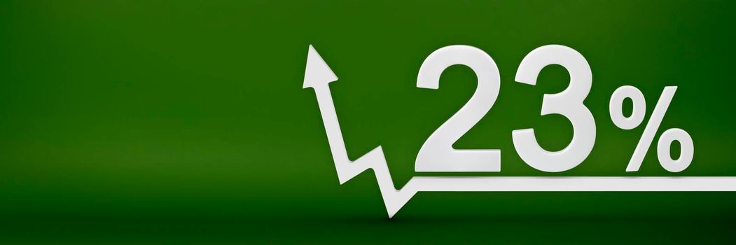 23 percent. The arrow on the graph points up. Rising prices, inflation, increase in income, increase in interest rates, taxes. 3d banner, twenty three percent sign discount on a green background