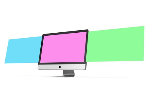 Monitor with three screens mockup, 3D illustration.