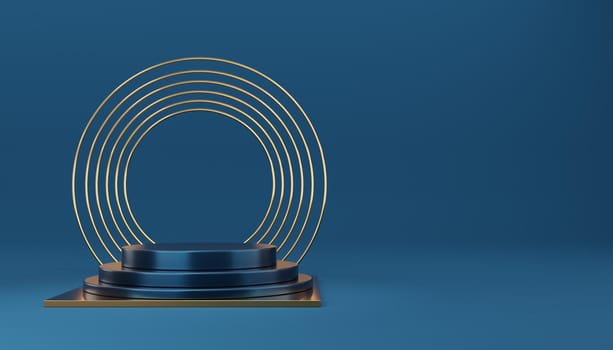 Empty 3 blue cylinder podium with gold border and gold cube on blue background. Abstract minimal studio 3d geometric shape object. Mockup space for display of product design. 3d rendering.