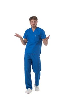 Handsome nurse doctor man isolated on white background clueless and confused expression. Doubt concept.