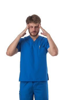 Male healthcare worker nurse surgeon doctor man over isolated background suffering from headache desperate and stressed, hands on head