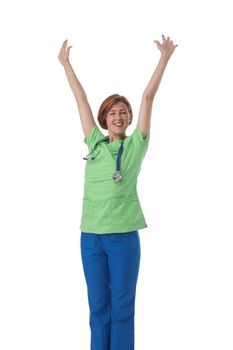 Happy cheerful excited woman nurse with arms up. Isolated on white background.
