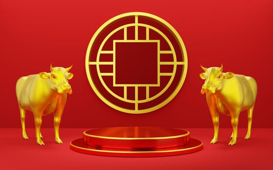 Empty red cylinder podium with gold border and cow on circle arch red background. Abstract minimal studio 3d geometric shape object. Pedestal mockup space for display of product design. 3d rendering.