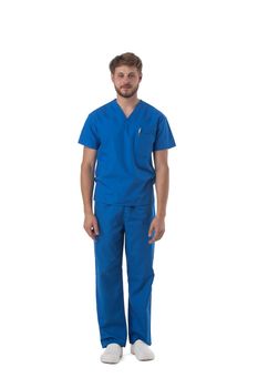 Male nurse or doctor in blue uniform studio full length portrait isolated on white background