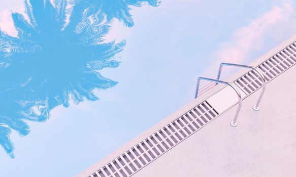 swimming pool with palm tree reflections and metal stairs. summer vacation concept. 3d rendering