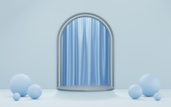 Empty gray cylinder podium with blue ball on arch pipe and curtain  white background. Abstract minimal studio 3d geometric object. Pedestal mockup space for display of product design. 3d rendering.