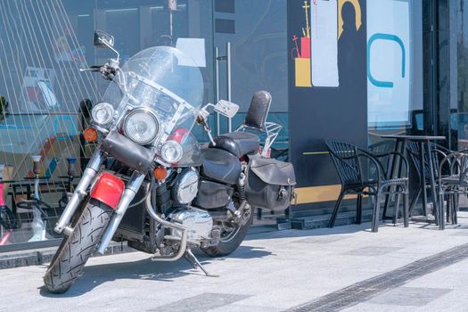 motorcycle in the parking lot at the cafe. High quality photo