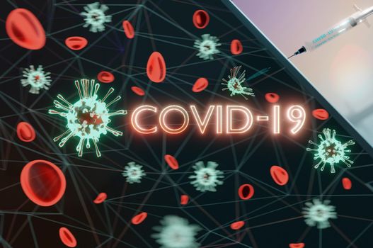 3d illustration. viruses covid-19 are destroyed by drugs by syringing.