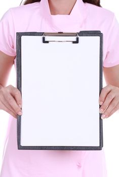 Blank medical clipboard with nurse isolated on white background
