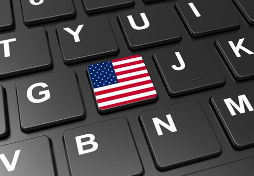 Close up of button with USA flag on black keyboard: 3D illustration