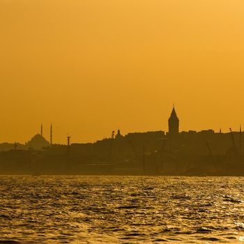 Istanbul beautiful silhouette at sunset on the bosphorus.
