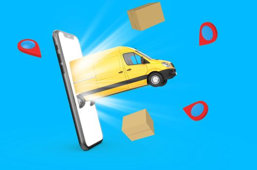 Van exit from smartphone, delivery concept, 3D illustration.