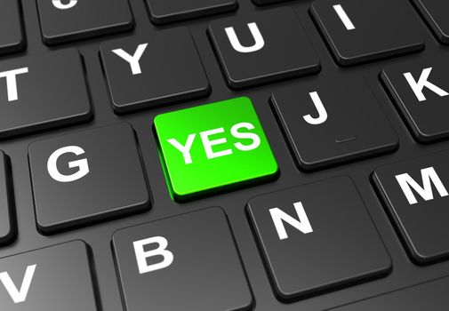 Close up green button with yes sign on black keyboard: 3D illustration