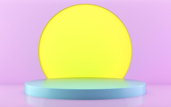 Blue podium with pink and yellow background. 3d illustration