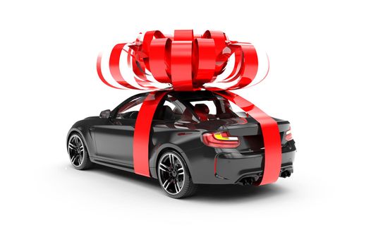 Back of a generic and brandless black modern sport car with ribbon: 3D illustration
