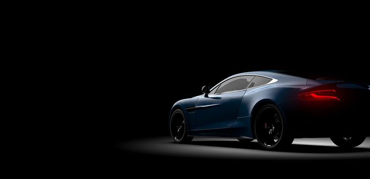 Blue generic and unbranded sport car on a dark background: 3D illustration