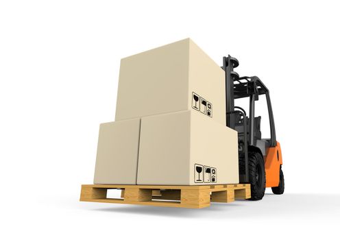 Forklift with boxes isolated on white: 3D illustration