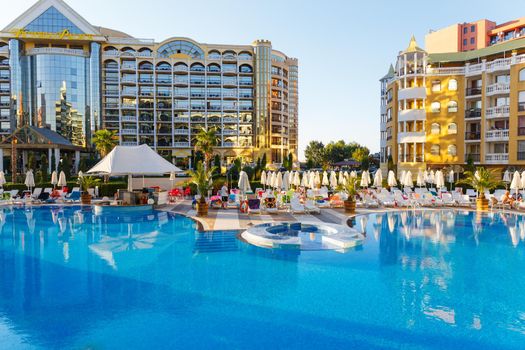 Sunny Beach, Bulgaria - August 28, 2016: View on swimming pool of the four stars hotel Marvel in Sunny Beach at morning time