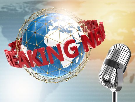 Breaking News with microphone and planet: 3D illustration