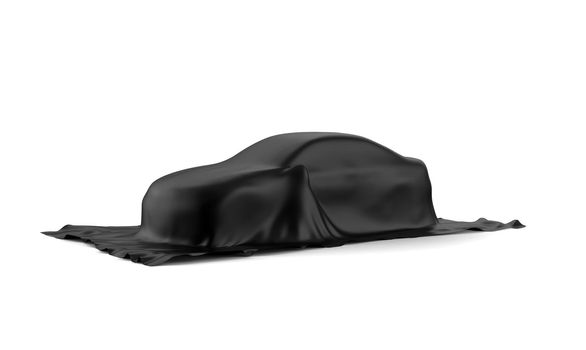 Car covered with a black cloth isolated on a white background: 3D illustration