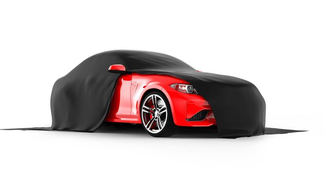 Modern red sports car presentation with black cloth: 3D illustration