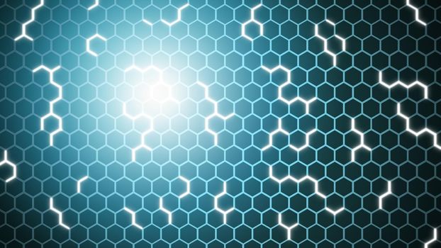 Abstract blue futuristic hexagon pattern with light rays: 3D Illustration