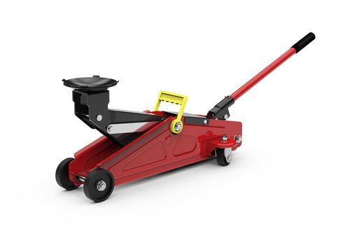 Red open hydraulic floor jack isolated on white background, 3D illustration