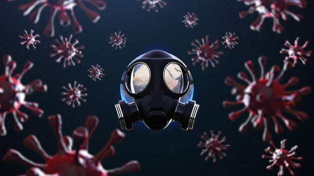 Planet earth with gas mask protect surrounded by viruses: 3D illustration