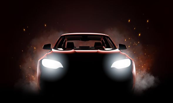 Generic and brandless modern sport car with fire and smoke: 3D illustration