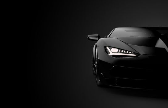 Front view of a generic and brandless modern sport car on a black background. 3D illustration