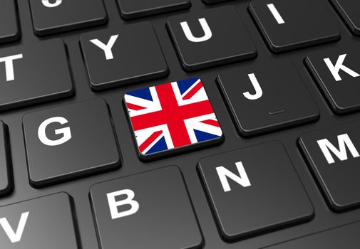 Close up of button with Great Britain flag on black keyboard: 3D illustration