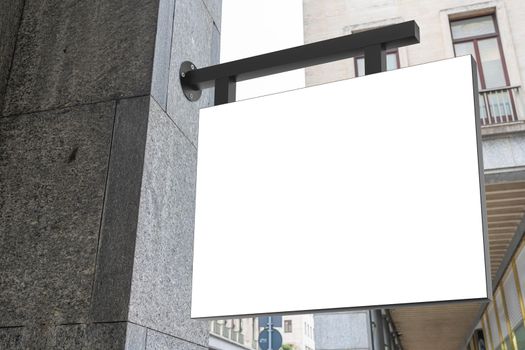 Square white company sign mockup on marble of a shop