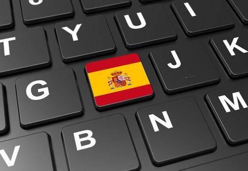 Close up of button with Spain flag on black keyboard: 3D illustration