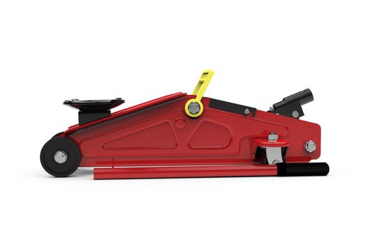 Red closed hydraulic floor jack, 3D illustration