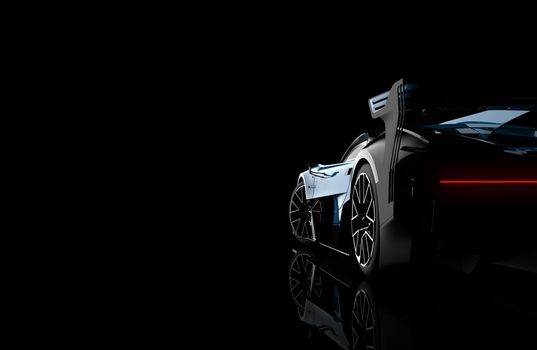 Back view of a generic and brandless modern car on a dark background, 3d illustration