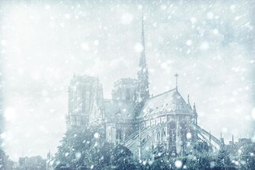 View of Notre Dame de Paris, France with snow