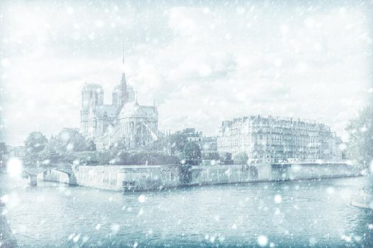 View of Notre Dame de Paris with snow, France
