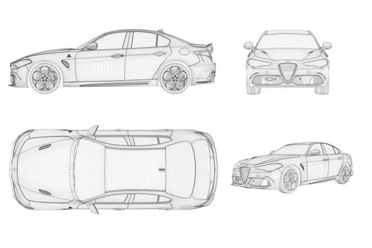 Wireframe generic and brandless car in four view, 3D illustration