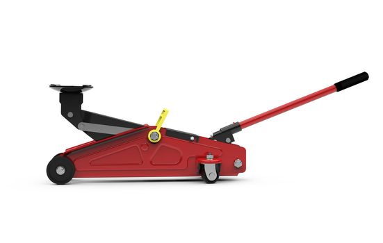 Red open hydraulic floor jack isolated, 3D illustration