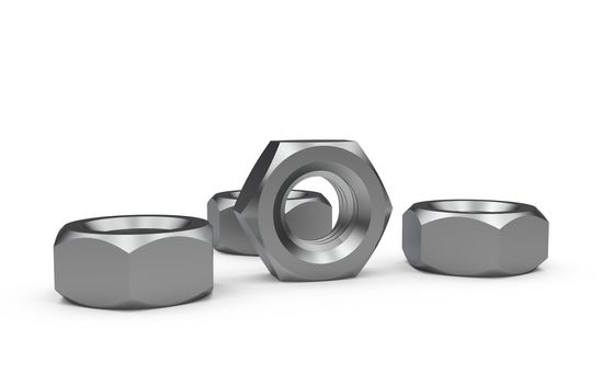 Metal nuts isolated on a white background, 3D illustration