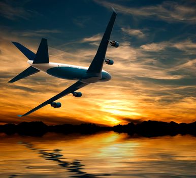 Airplane flying over water in the sunset: 3D illustration