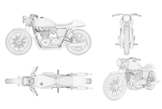 Wireframe generic and brandless motorbike in four view, 3D illustration