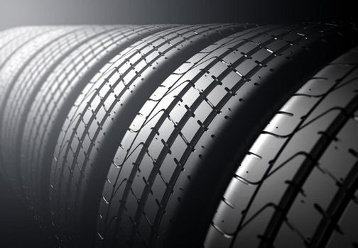 Tire stack background. Selective focus with back light, 3d illustration