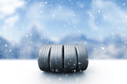 Four car tires on a snow covered road, 3d illustration
