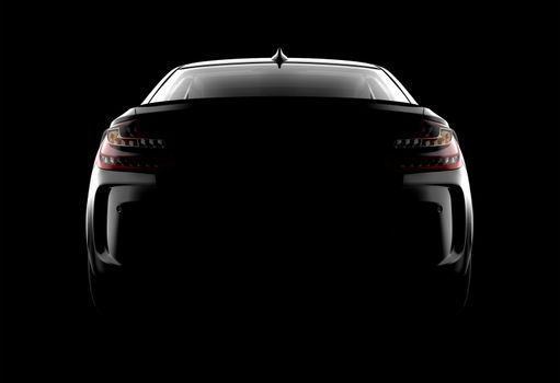Back view of a generic and brandless modern black car on a dark background. 3d illustration