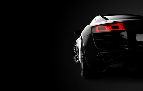 Back view of a generic and brandless modern car on a black background. 3d illustration