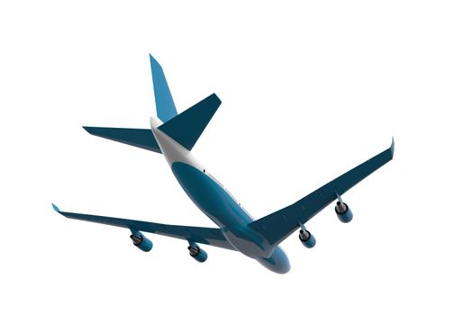Back of a blue and white airplane isolated on a white background: 3D illustration