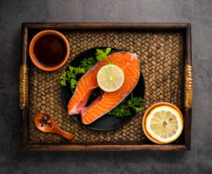 flat lay arrangement with salmon lemon