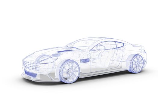 Blue sketch car on a white background: 3D Illustration