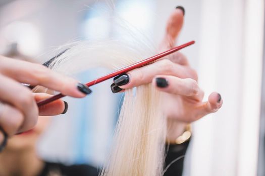 close up stylist cutting fair hair